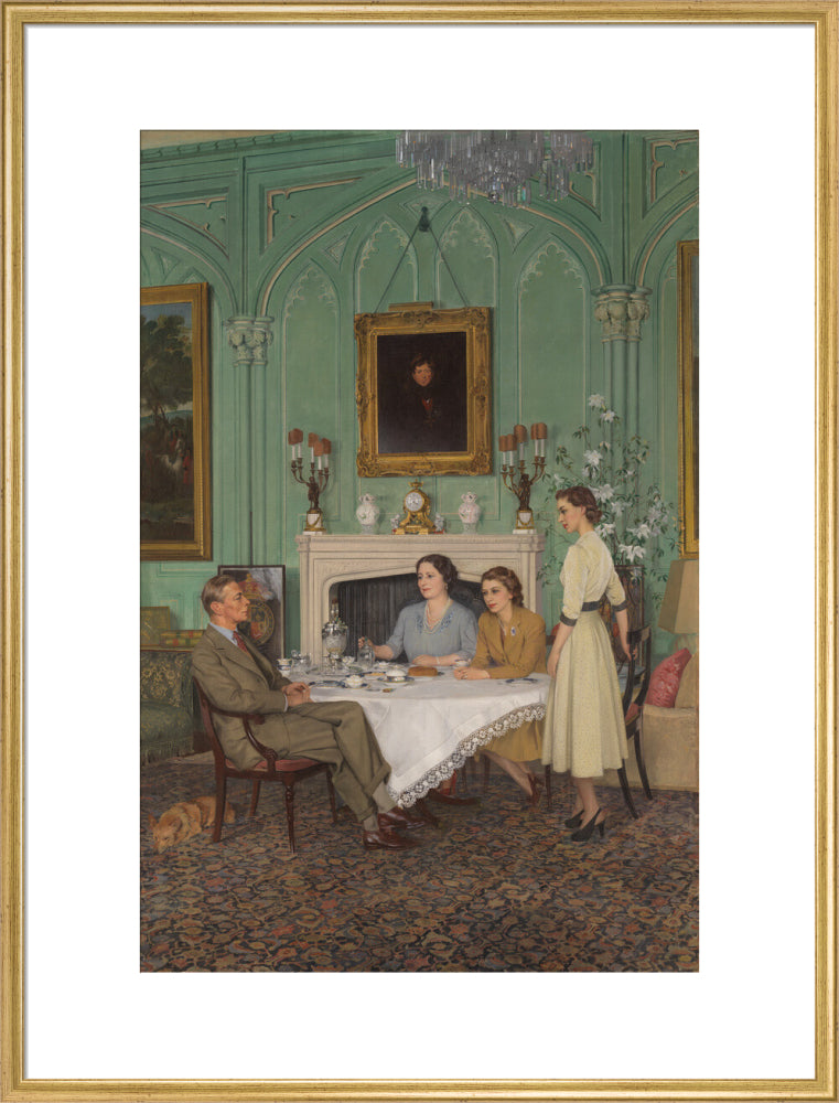 Conversation piece at the royal lodge, windsor portrait print (art print, extra large, gold frame frame)