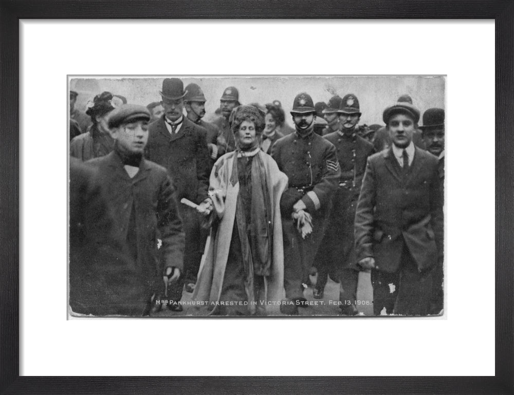 Mrs pankhurst arrested in victoria street, february 13 1908' portrait print (art print, small, black frame)