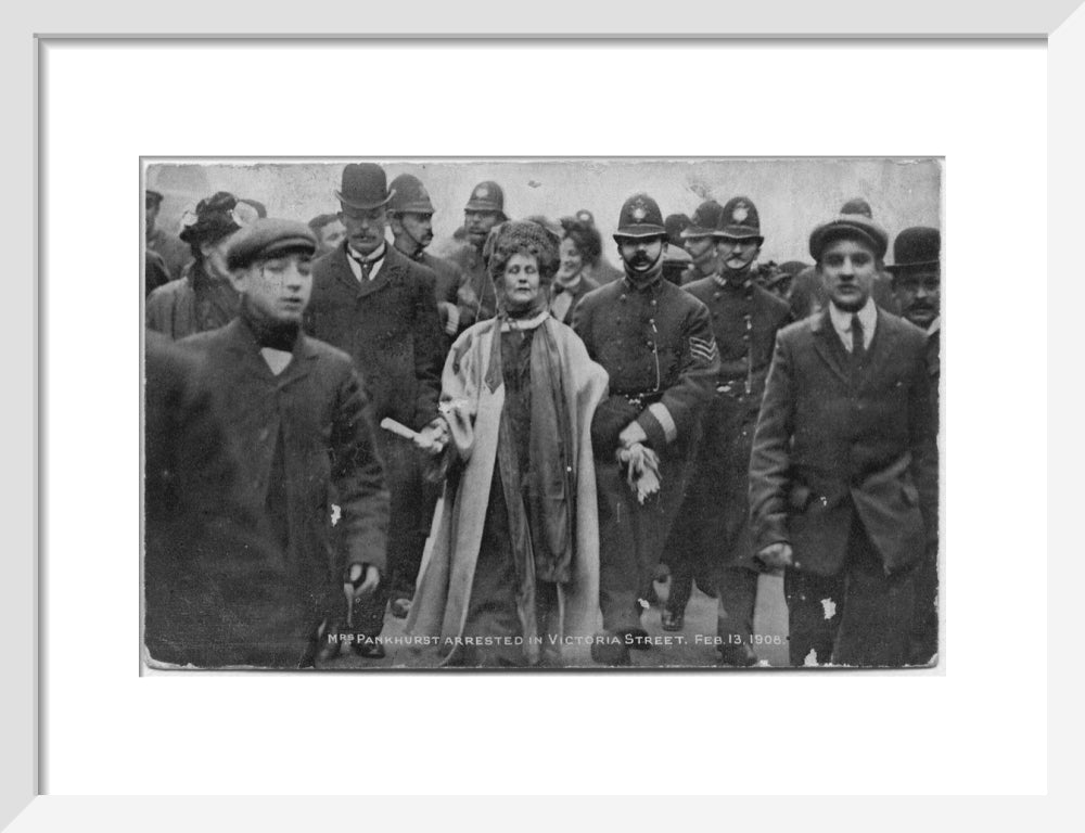 Mrs pankhurst arrested in victoria street, february 13 1908' portrait print (art print, small, white frame)
