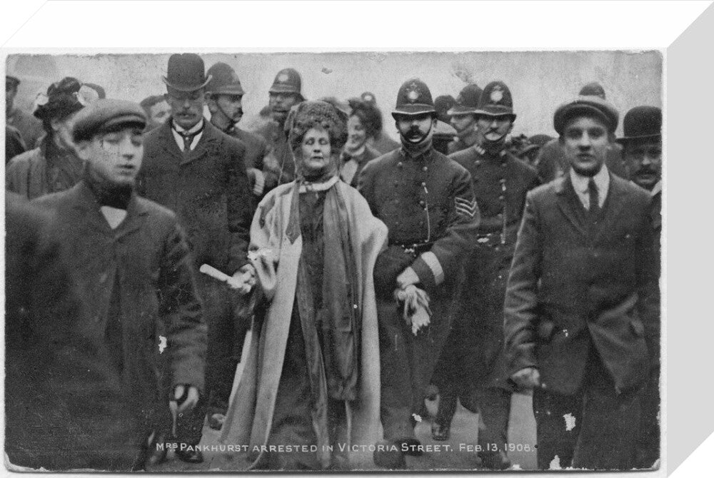 Mrs pankhurst arrested in victoria street, february 13 1908' portrait print (stretched canvas, small, no frame)