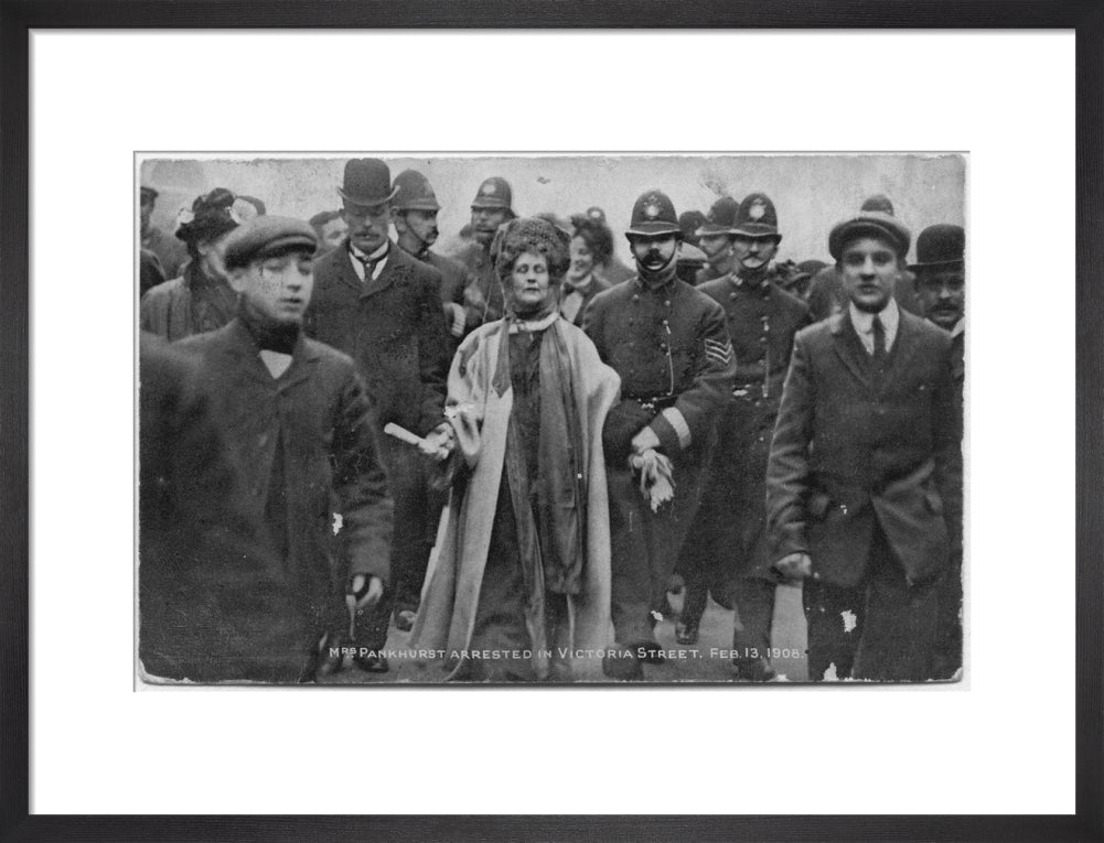 Mrs pankhurst arrested in victoria street, february 13 1908' portrait print (art print, medium, black frame)