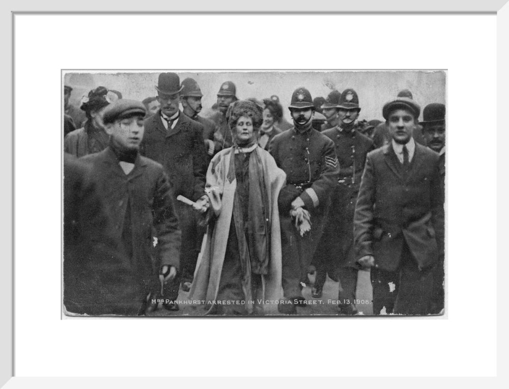 Mrs pankhurst arrested in victoria street, february 13 1908' portrait print (art print, medium, white frame)