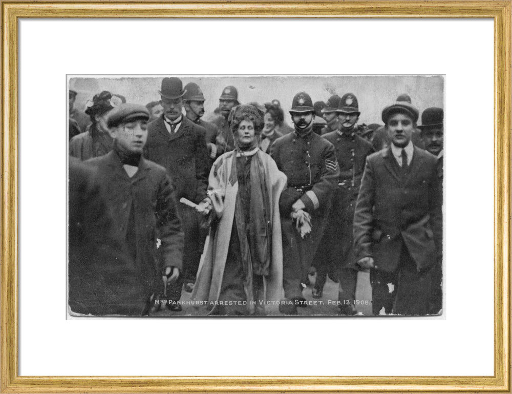 Mrs pankhurst arrested in victoria street, february 13 1908' portrait print (art print, medium, gold frame)