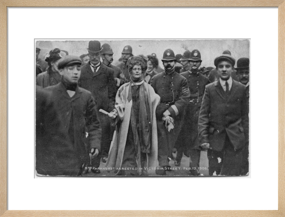 Mrs pankhurst arrested in victoria street, february 13 1908' portrait print (art print, medium, natural frame)