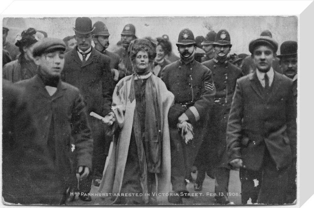 Mrs pankhurst arrested in victoria street, february 13 1908' portrait print (stretched canvas, medium, no frame)