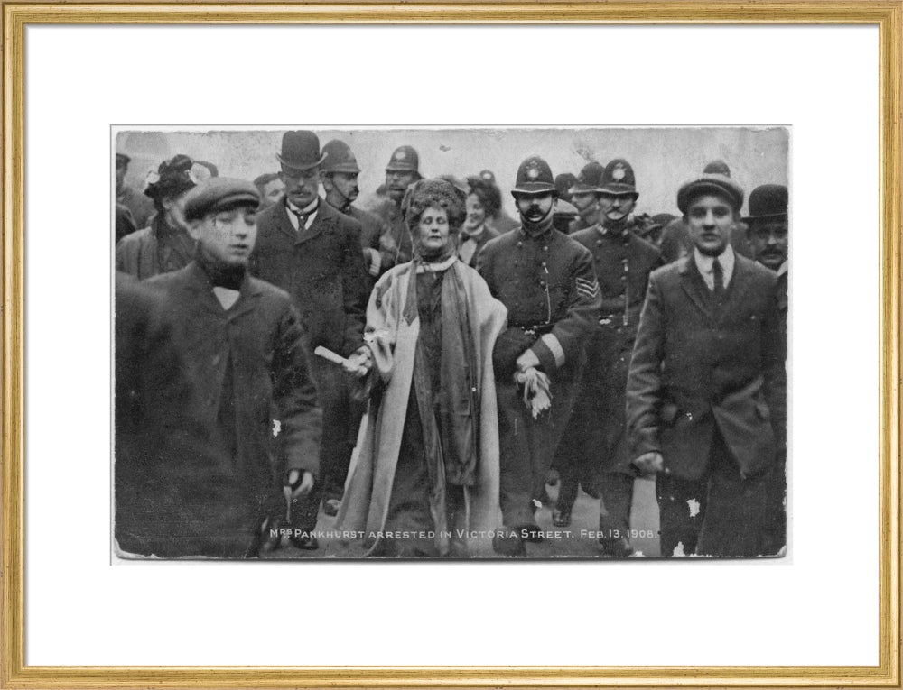 Mrs pankhurst arrested in victoria street, february 13 1908' portrait print (art print, large, gold frame)