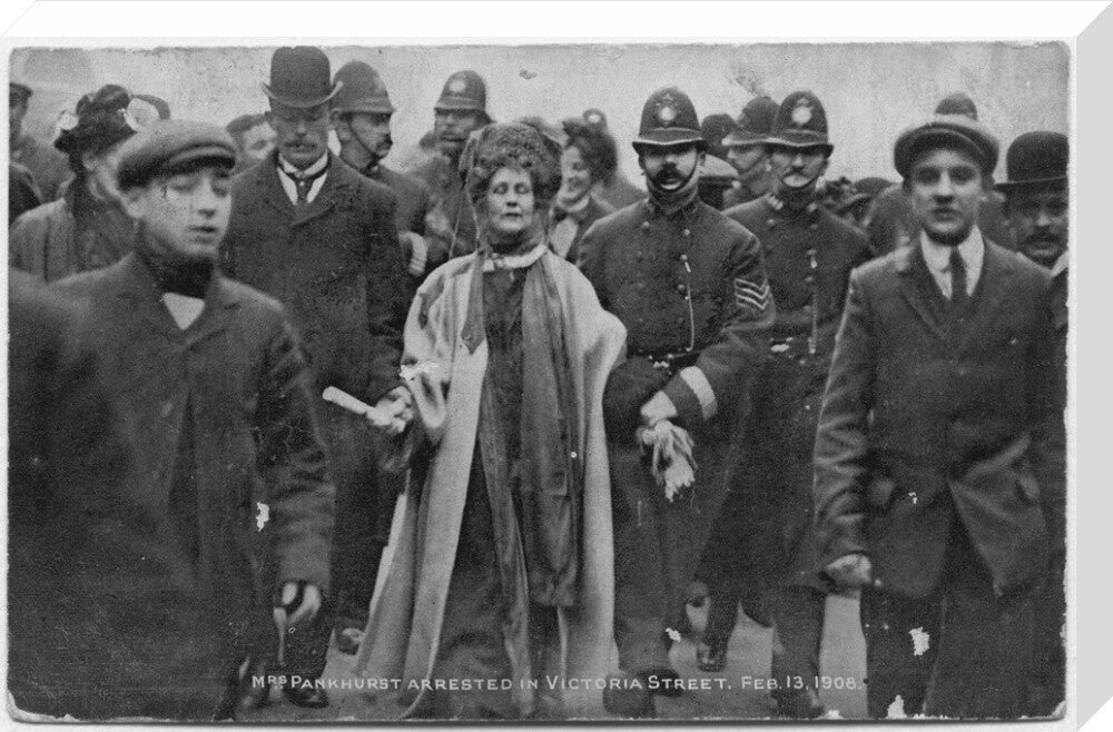 Mrs pankhurst arrested in victoria street, february 13 1908' portrait print (stretched canvas, large, no frame)