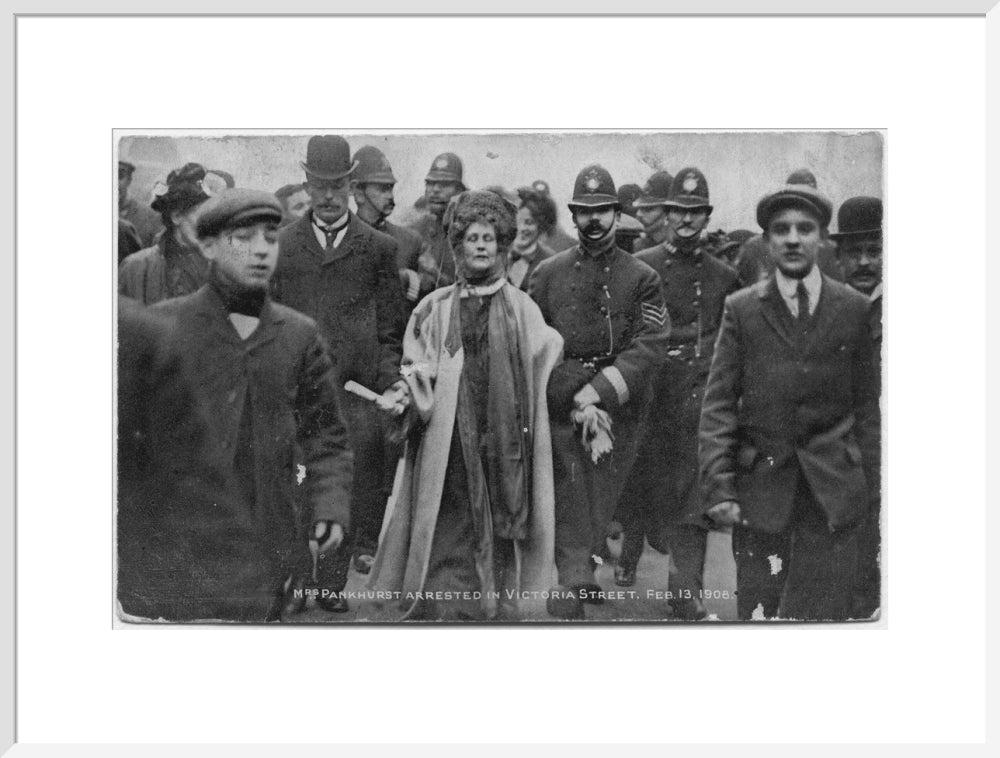 Mrs pankhurst arrested in victoria street, february 13 1908' portrait print (art print, extra large, white frame)