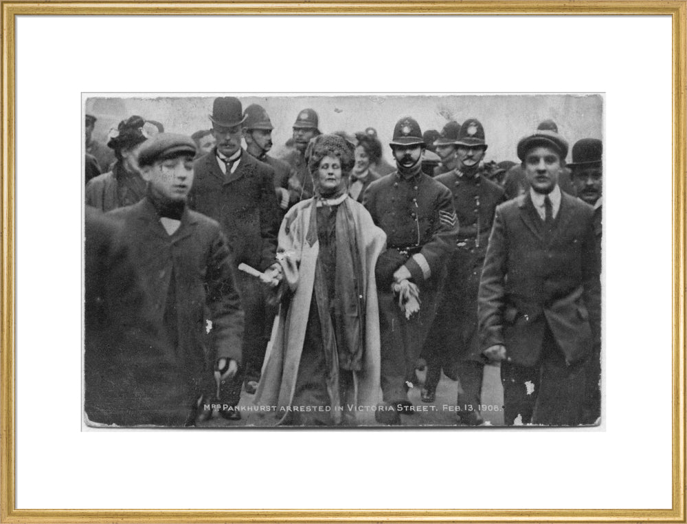 Mrs pankhurst arrested in victoria street, february 13 1908' portrait print (art print, extra large, gold frame)