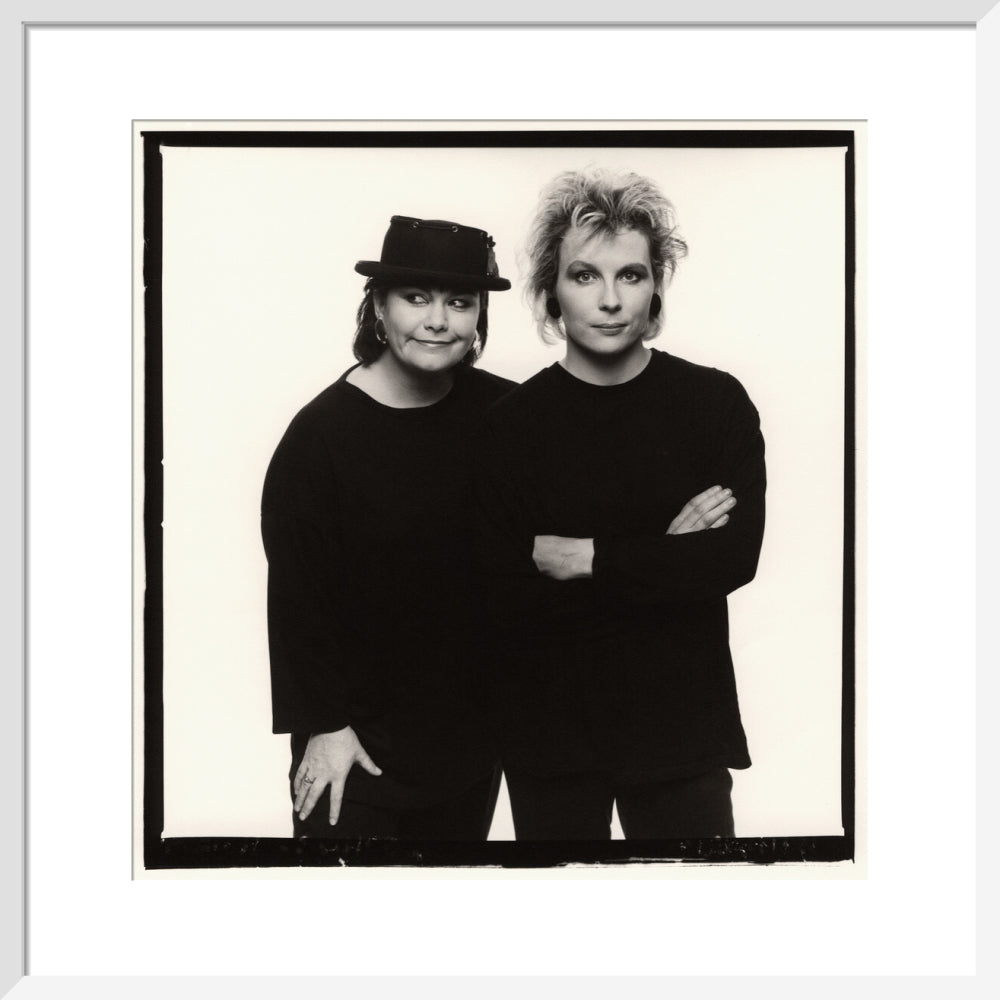 Dawn french; jennifer saunders portrait print (art print, medium, white frame)