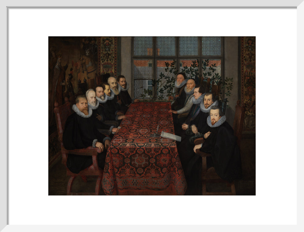 The somerset house conference, 1604 portrait print (art print, medium, white frame)