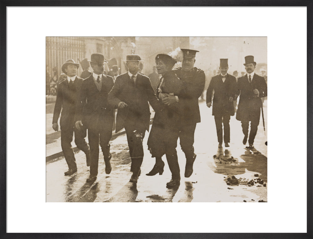 Emmeline pankhurst's arrest at buckingham palace portrait print (art print, large, black frame)