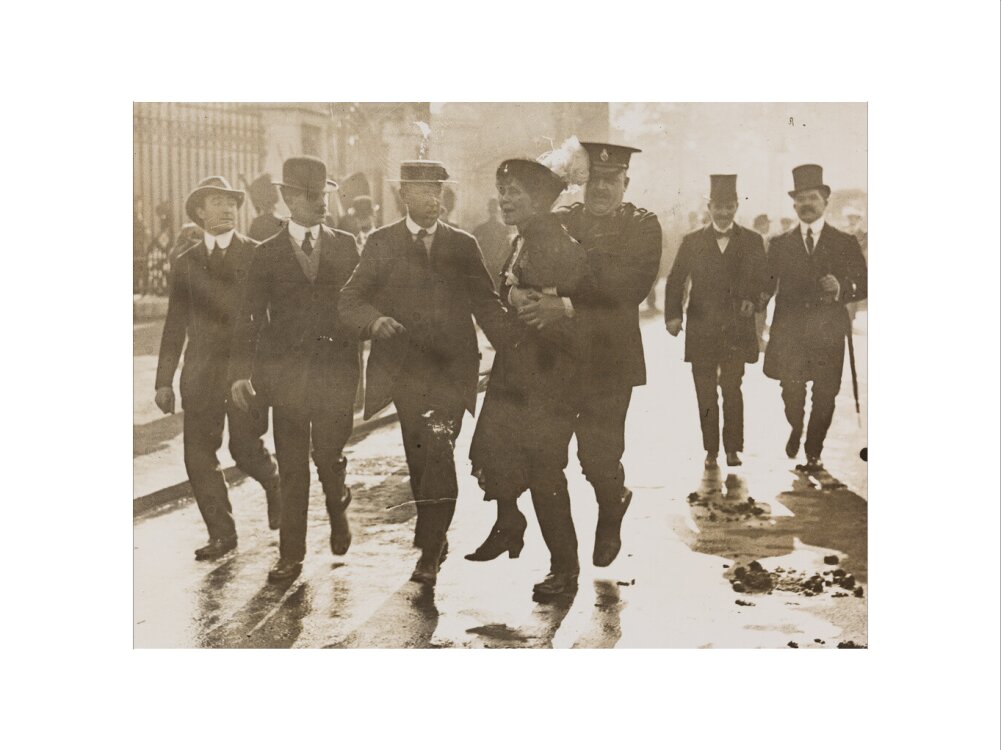 Emmeline pankhurst's arrest at buckingham palace portrait print (art print, medium, no frame)