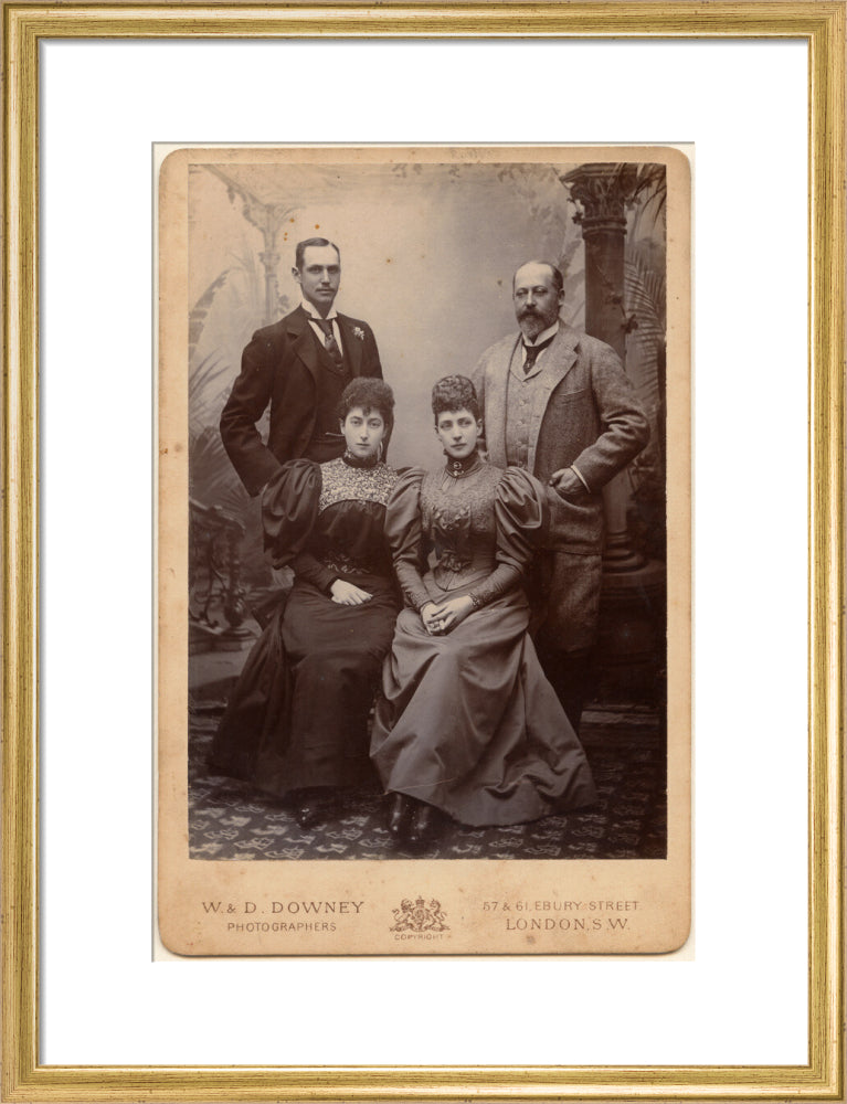 Haakon vii, king of norway; maud, queen of norway; queen alexandra; king edward vii portrait print (art print, medium, gold frame)