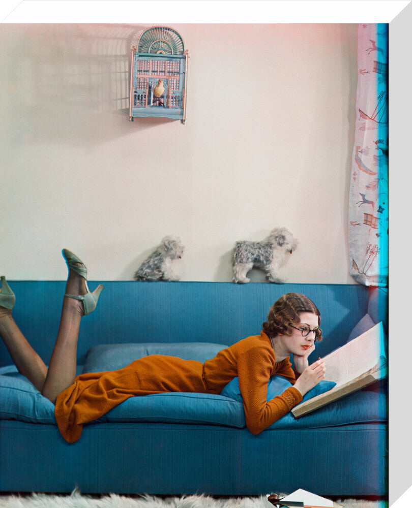 A day in the life of a debutante: an hour's serious reading (betty cowell) portrait print (stretched canvas, medium, no frame frame)