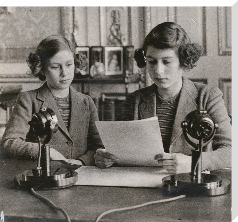 Princess margaret; queen elizabeth ii portrait print (stretched canvas, extra large, no frame)