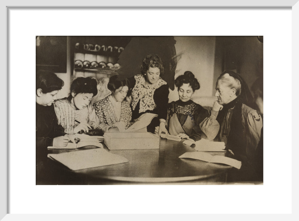 Suffragette committee meeting portrait print (art print, small, white frame)