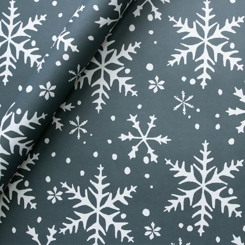 Dark blue wrapping paper with white snowflakes.