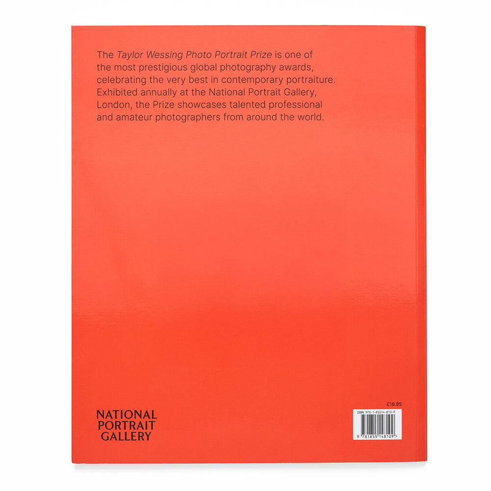 Red back book cover with text about the taylor wessing photo portrait prize on a white background