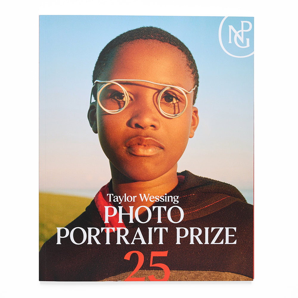Book cover of 'taylor wessing photo portrait prize 25' featuring a young person with glasses against a blue sky.