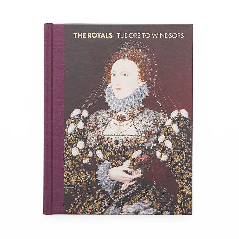 The royals: tudors to windsors book cover featuring a painting of elizabeth i in an embellished dress.