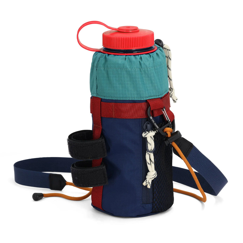 Multicoloured water bottle holder with strap on a white background