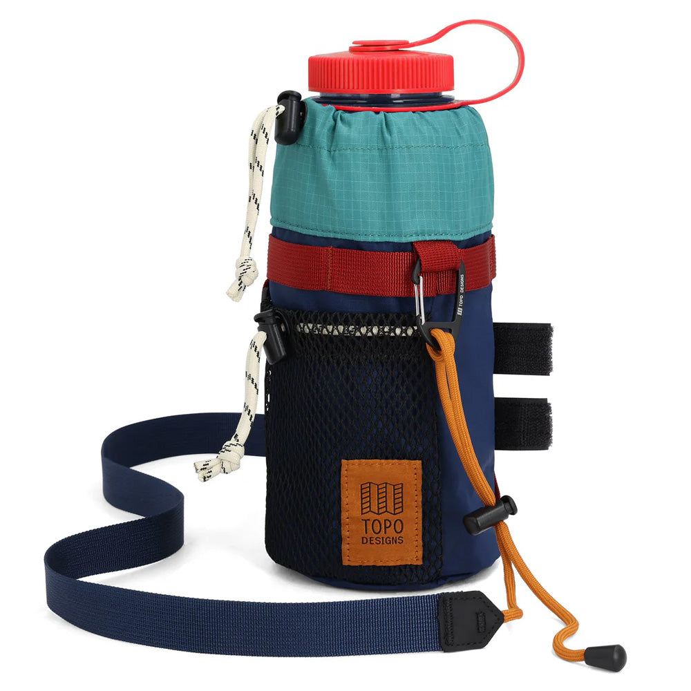 Multicoloured water bottle holder bag with topo designs logo on a white background