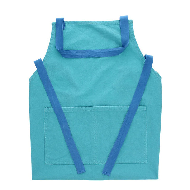 Front of utility apron in aqua blue with dark contrasting neck and waist ties and a front pocket.