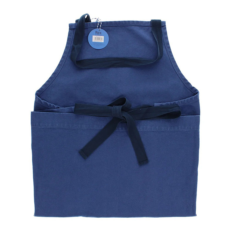 Reverse of apron with a bow tied at the back in deeper blue colour straps.