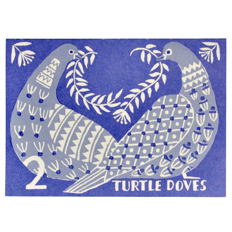 Blue card with 2 white and grey doves on it with the wording "2 turtle doves" on it.