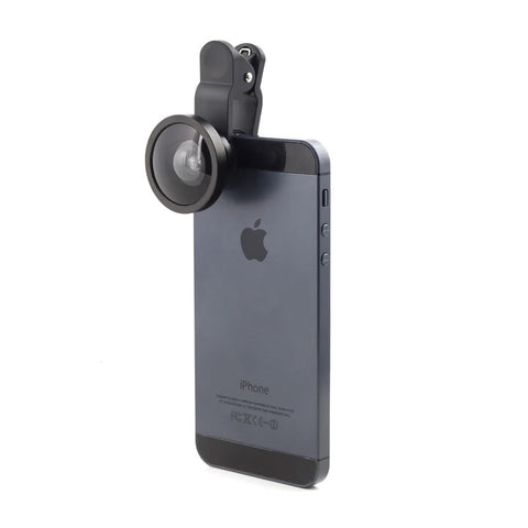 Black selfie lens clipped on to a mobile phone.