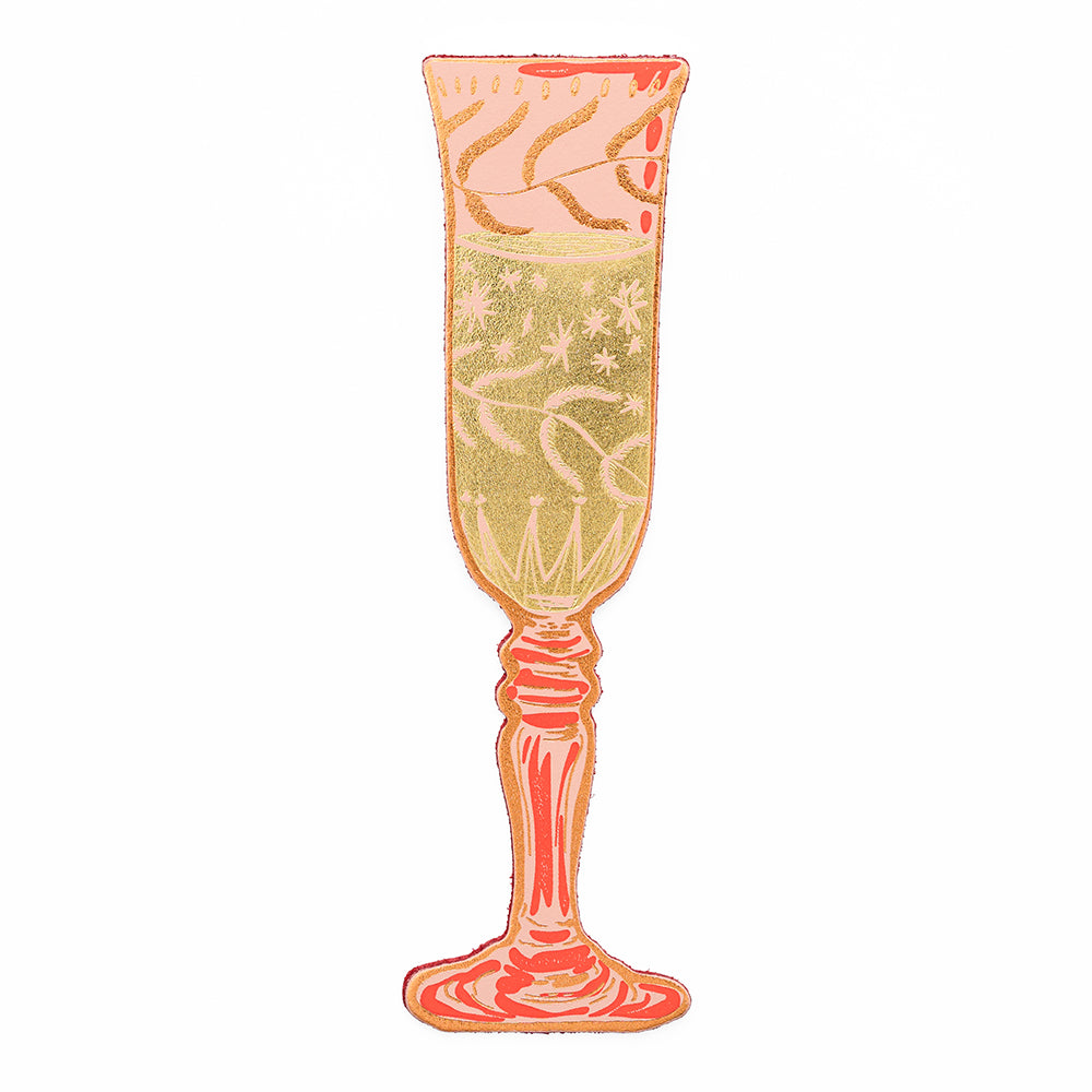 Wine glass leather bookmark pink gold front