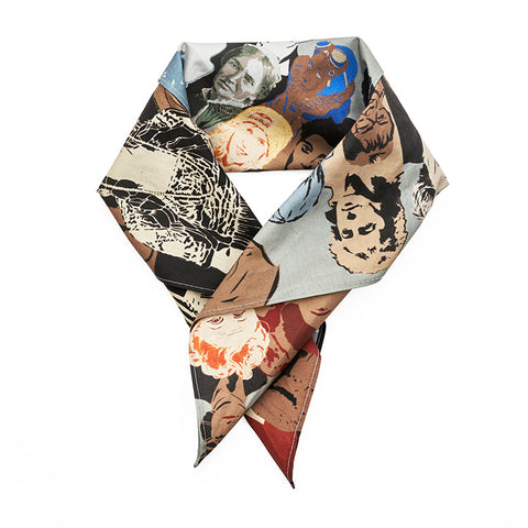 Styled square bandana featuring an illustrated collage print of various female icons. 