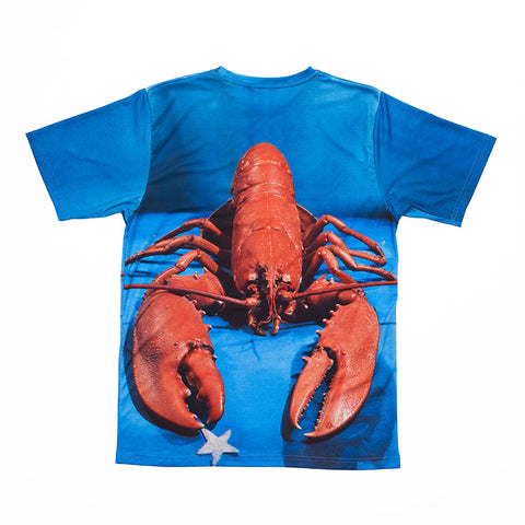 Back of blue t-shirt with a red lobster and white star on it. Full print of Yevonde's "Lobster," NPG x221940.