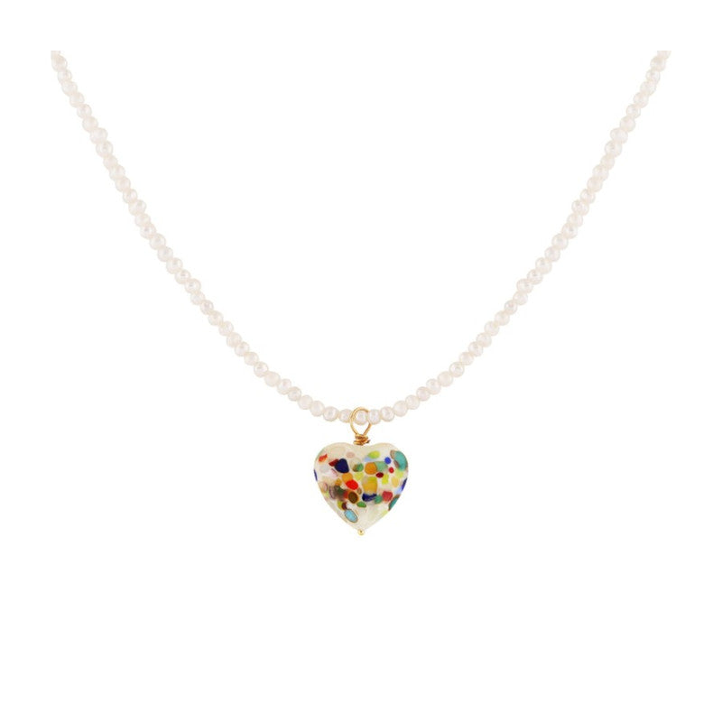 A small multicoloured glass heart pendant on a chain made of small pearls.