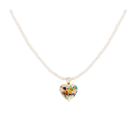 A small multicoloured glass heart pendant on a chain made of small pearls.