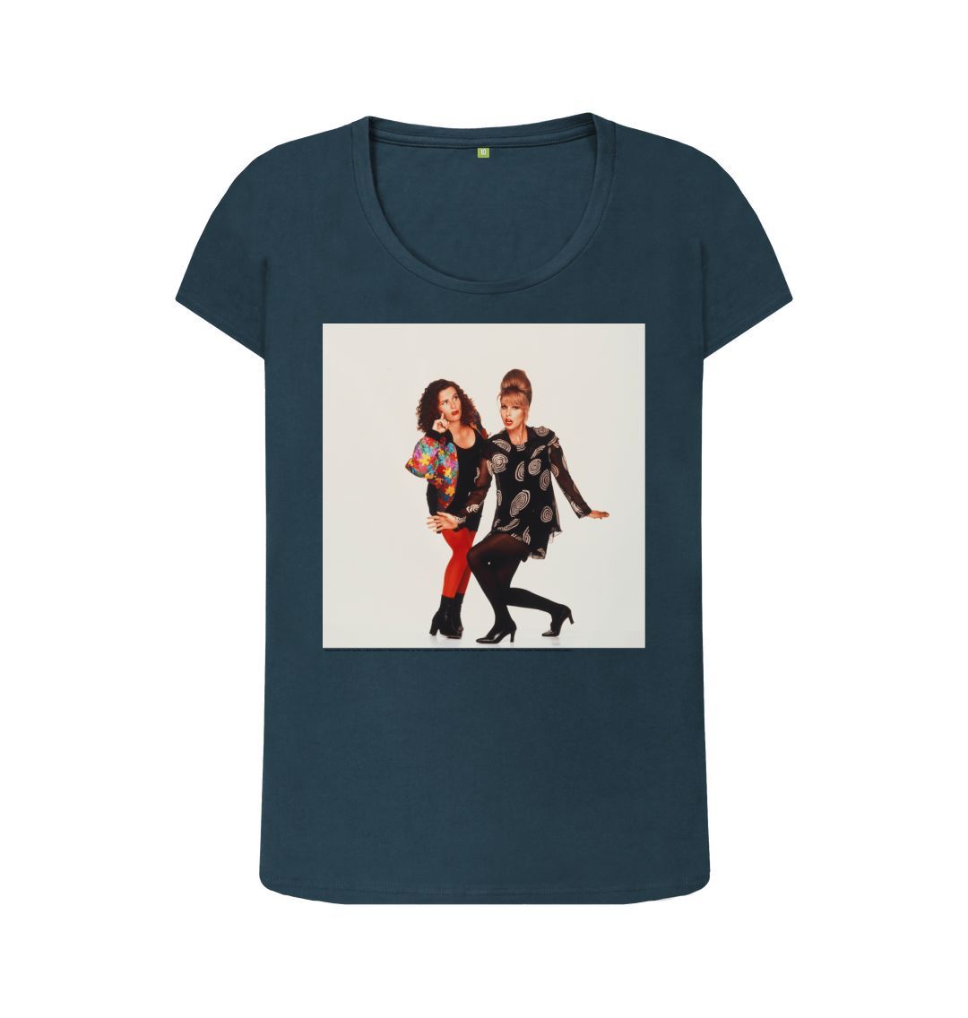 Denim blue joanna lumley; jennifer saunders as edina and patsy in 'absolutely fabulous' women's scoop neck t shirt