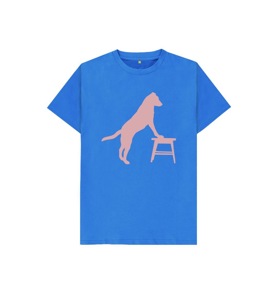 Bright blue hubert leslie dog and stool silhouette kids t shirt