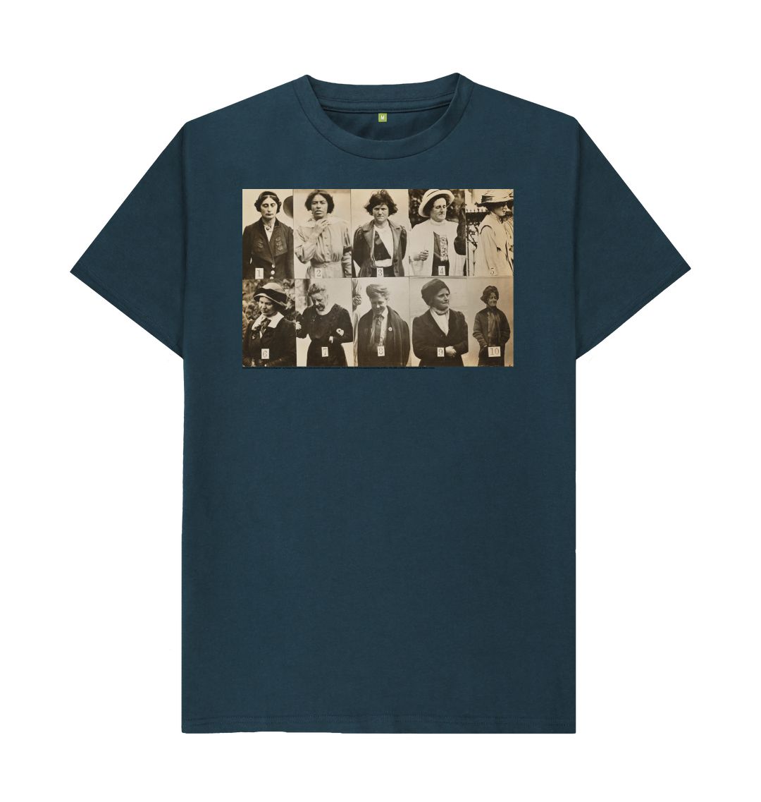 Denim blue 'surveillance photograph of militant suffragettes' unisex t shirt