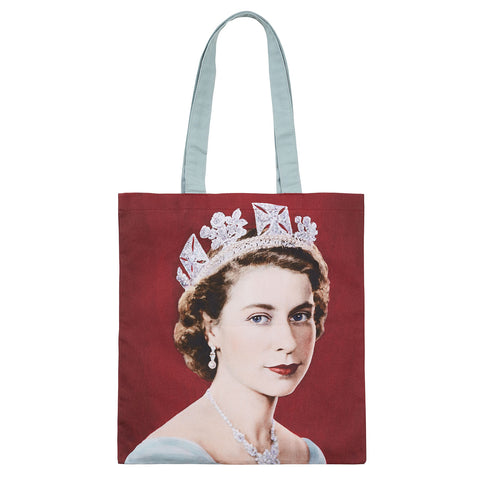Tote bag with portrait of Queen Elizabeth II by Dorothy Wilding, hand-coloured by Beatrice Johnson, NPG x 125105, with light blue handles.