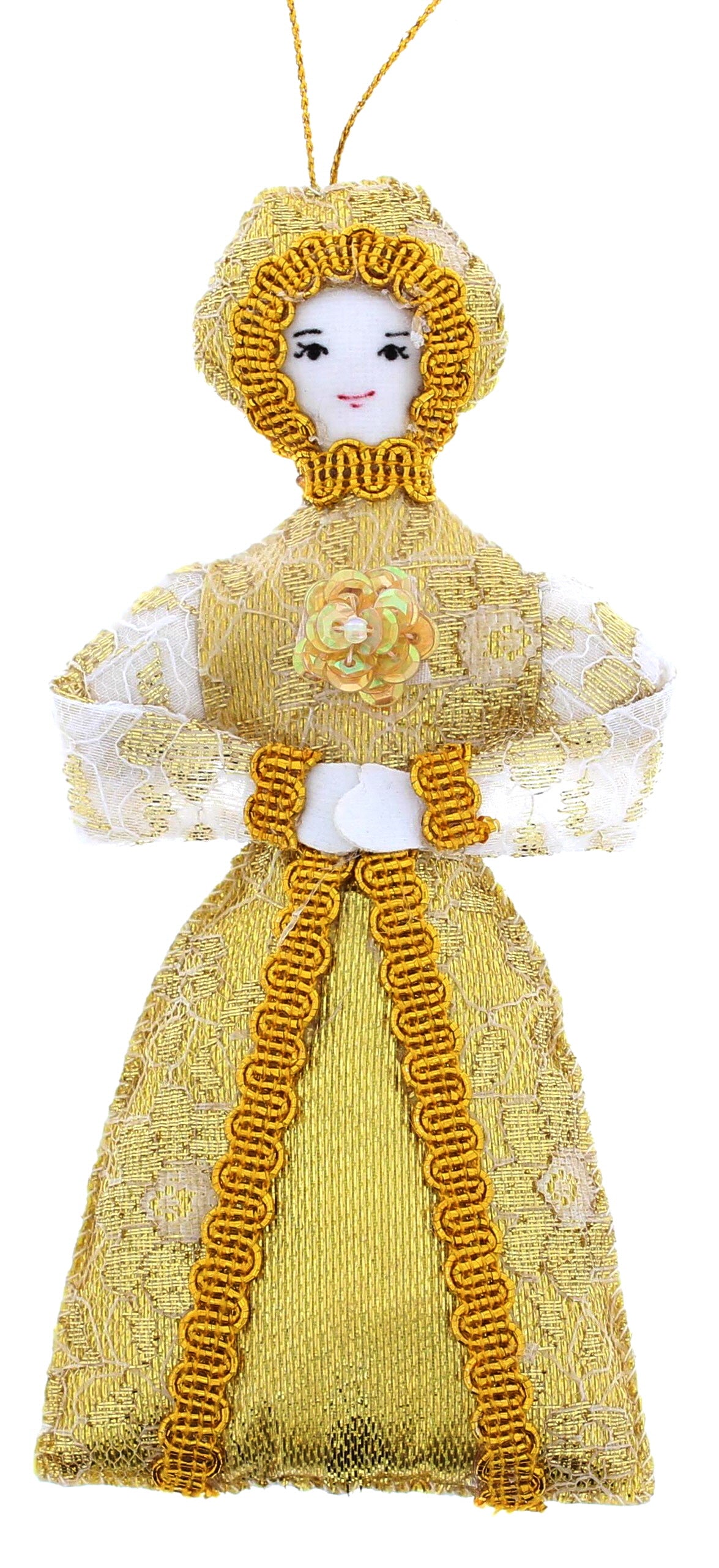 This decoration features a woman in a a long, extravagant, gold gown.