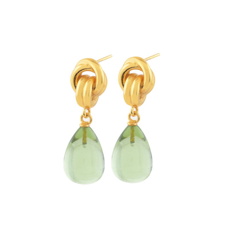 Chunky knot gold earrings with smoky green drop.