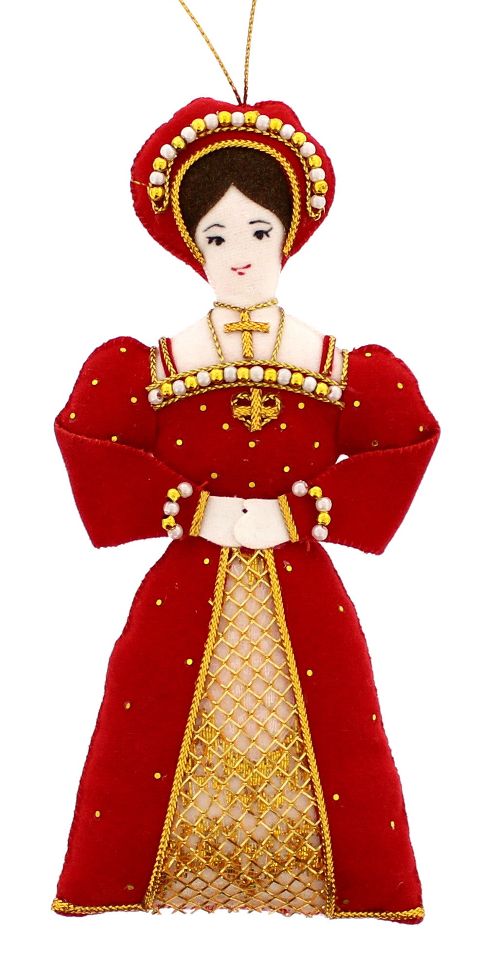 This decoration is of a woman with dark hair in a lavish red and gold gown.