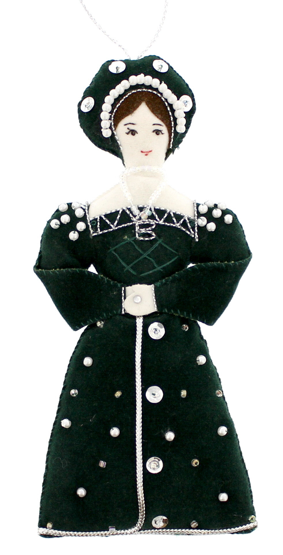 Handmade fabric sewn decoration featuring anne boleyn in black dress and 'b' initial necklace.