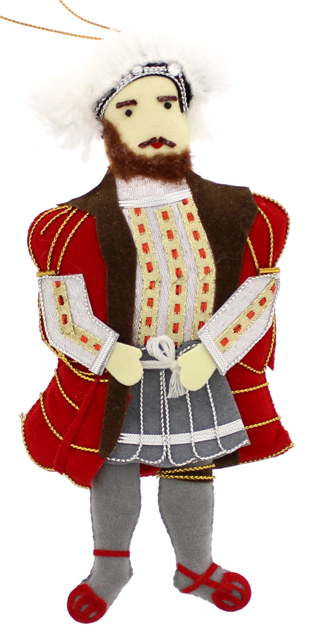 This decoration features a large man with a beard and a red, black and gold kingly outfit.