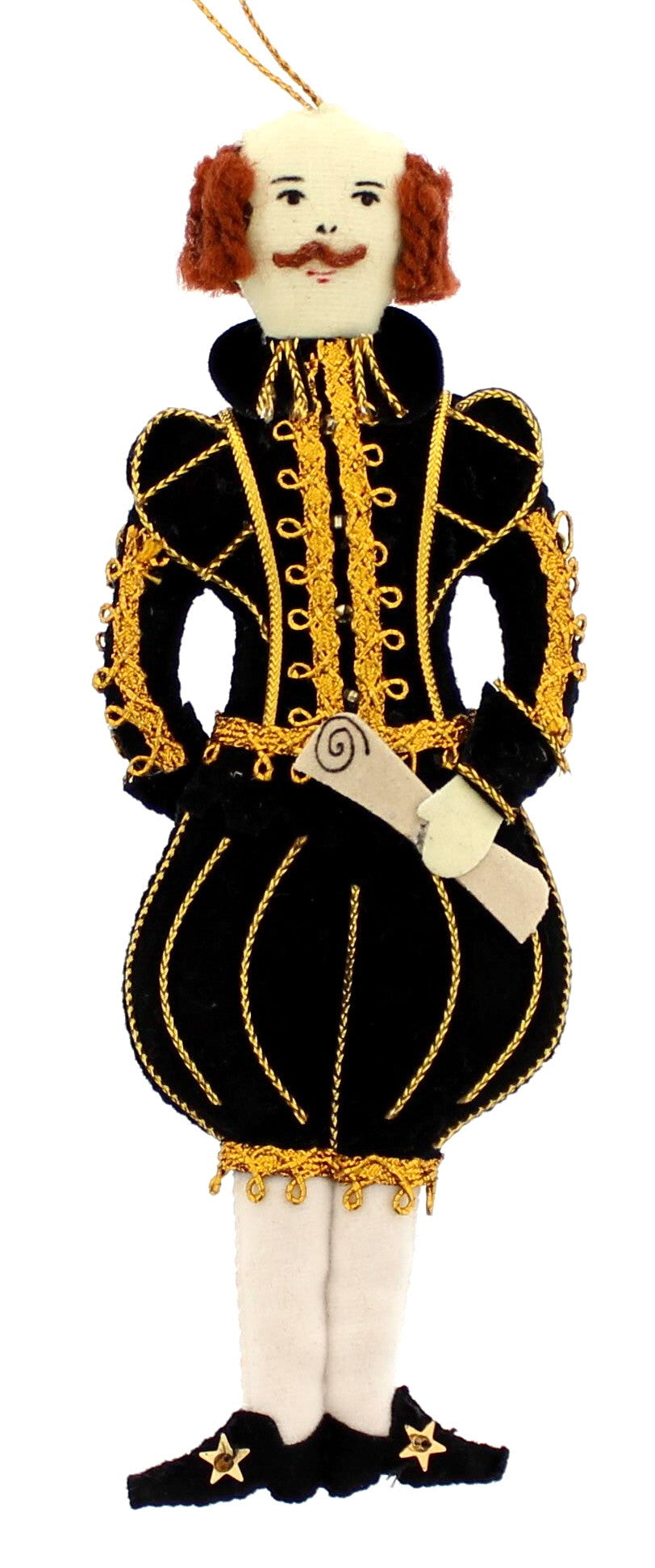 Handmade fabric sewn decoration of william shakespeare dressed in black with gold embroidered detailing.