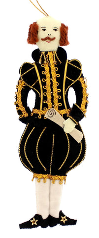 Handmade fabric sewn decoration of William Shakespeare dressed in black with gold embroidered detailing. 