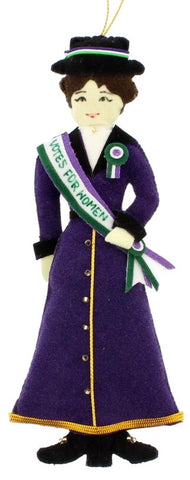 A handmade fabric sewn decoration featuring a Suffragette in uniform with 'Votes for Women' sash. 