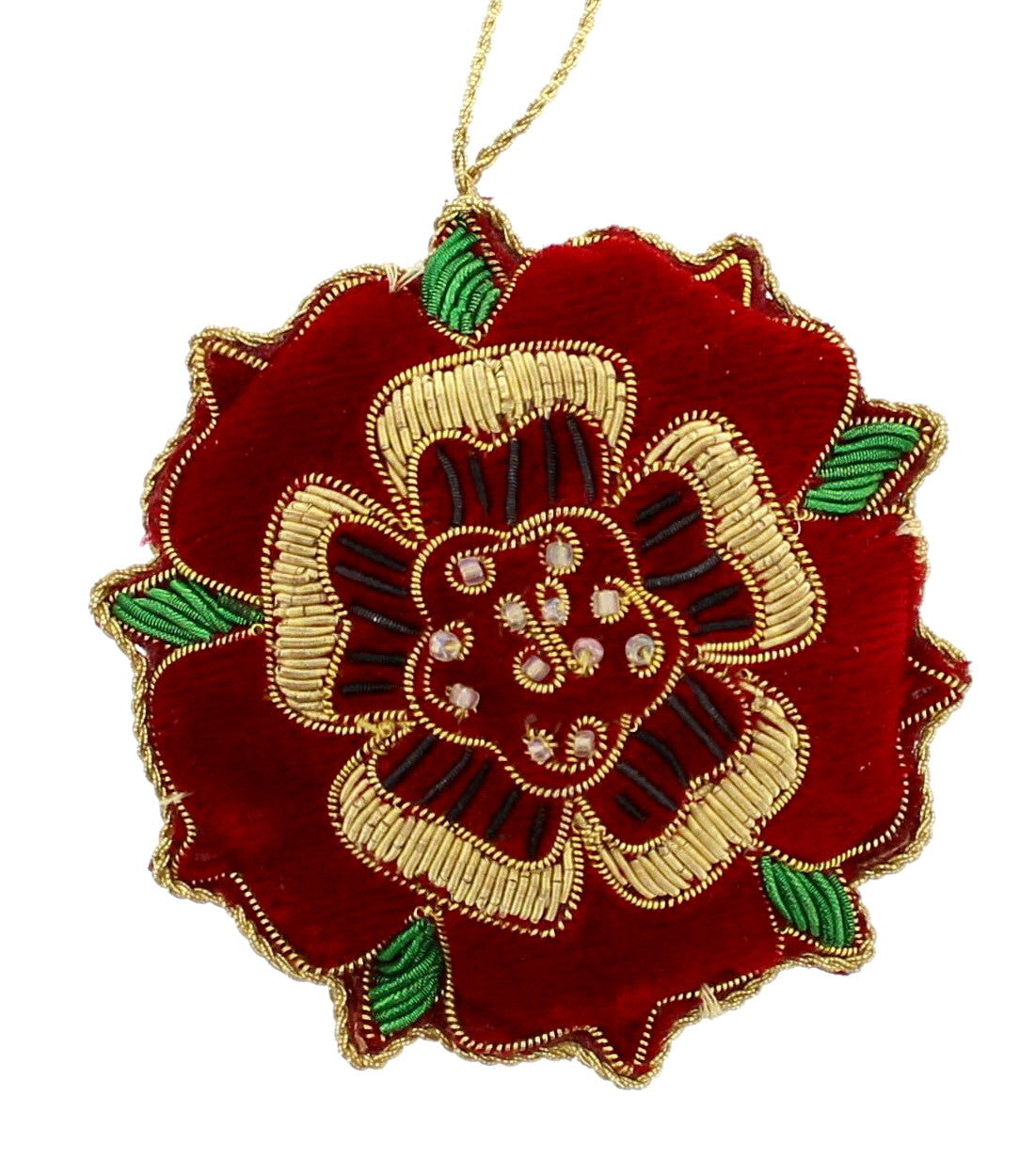A handmade fabric sewn decoration featuring the tudor rose in red velvet with gold embroidery.