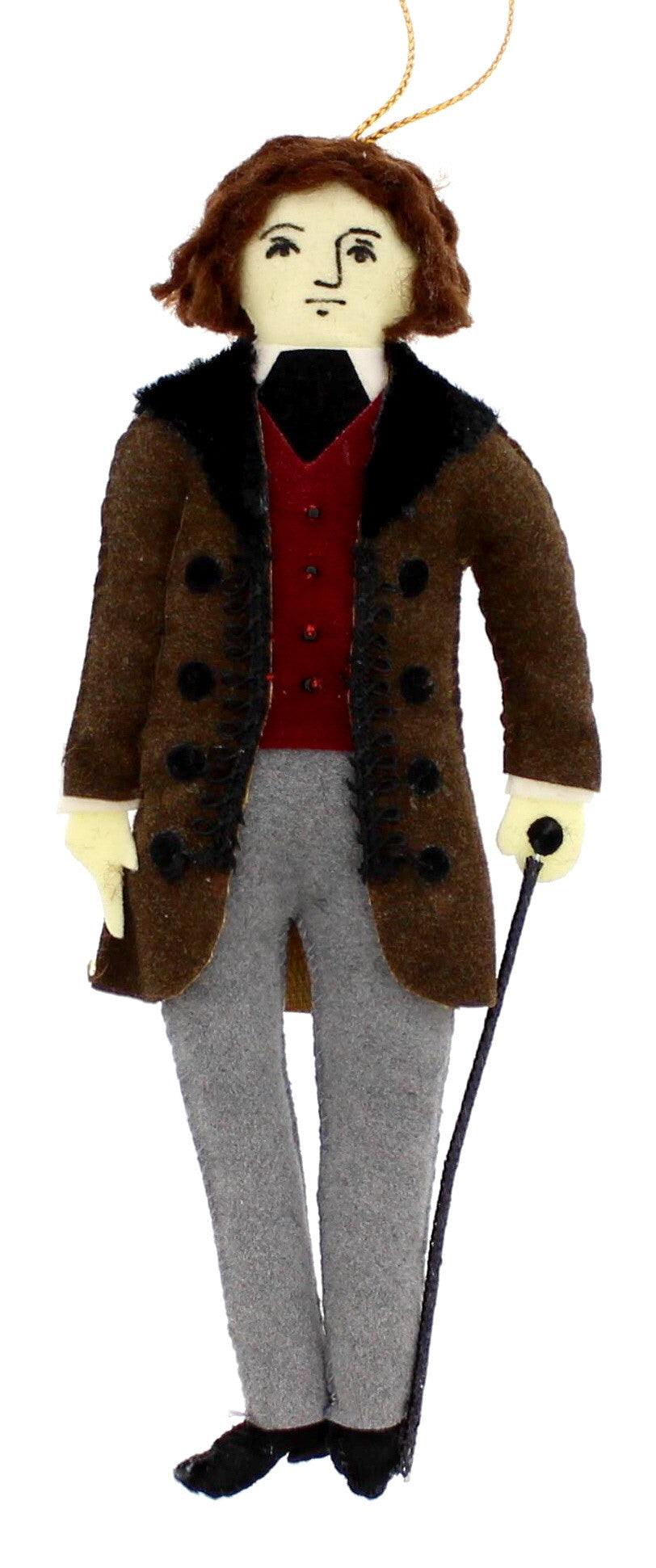 A handmade fabric sewn decoration featuring oscar wilde in brown coat, red waistcoat and holding a cane.